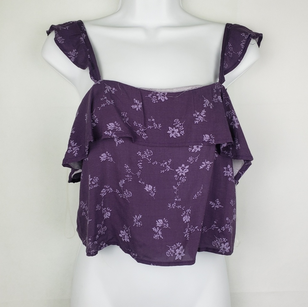 Tillys Co Crop Top Floral Pattern Purple Ruffle - Picture 1 of 8